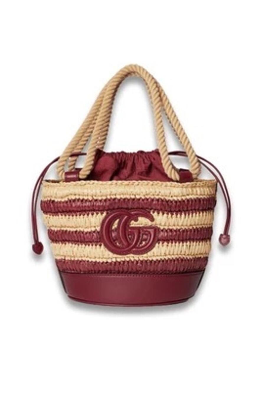 Gucci Mini GG Logo Woven Straw Bucket Bag Beige Brown Leather NWT